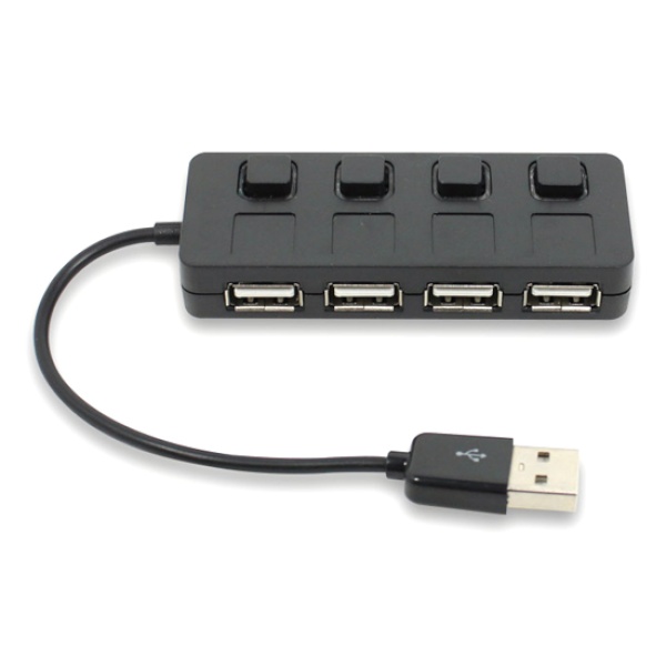 일체형 케이블 4포트 USB2.0 LED라이트 개별스위치 무전원 USB허브 블랙
